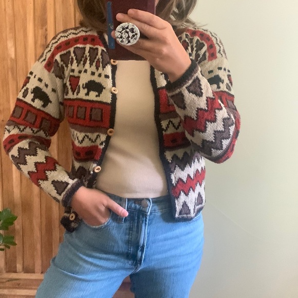 Vintage Sweaters - VINTAGE▪️Southwestern Cabin Cropped Cardigan. S